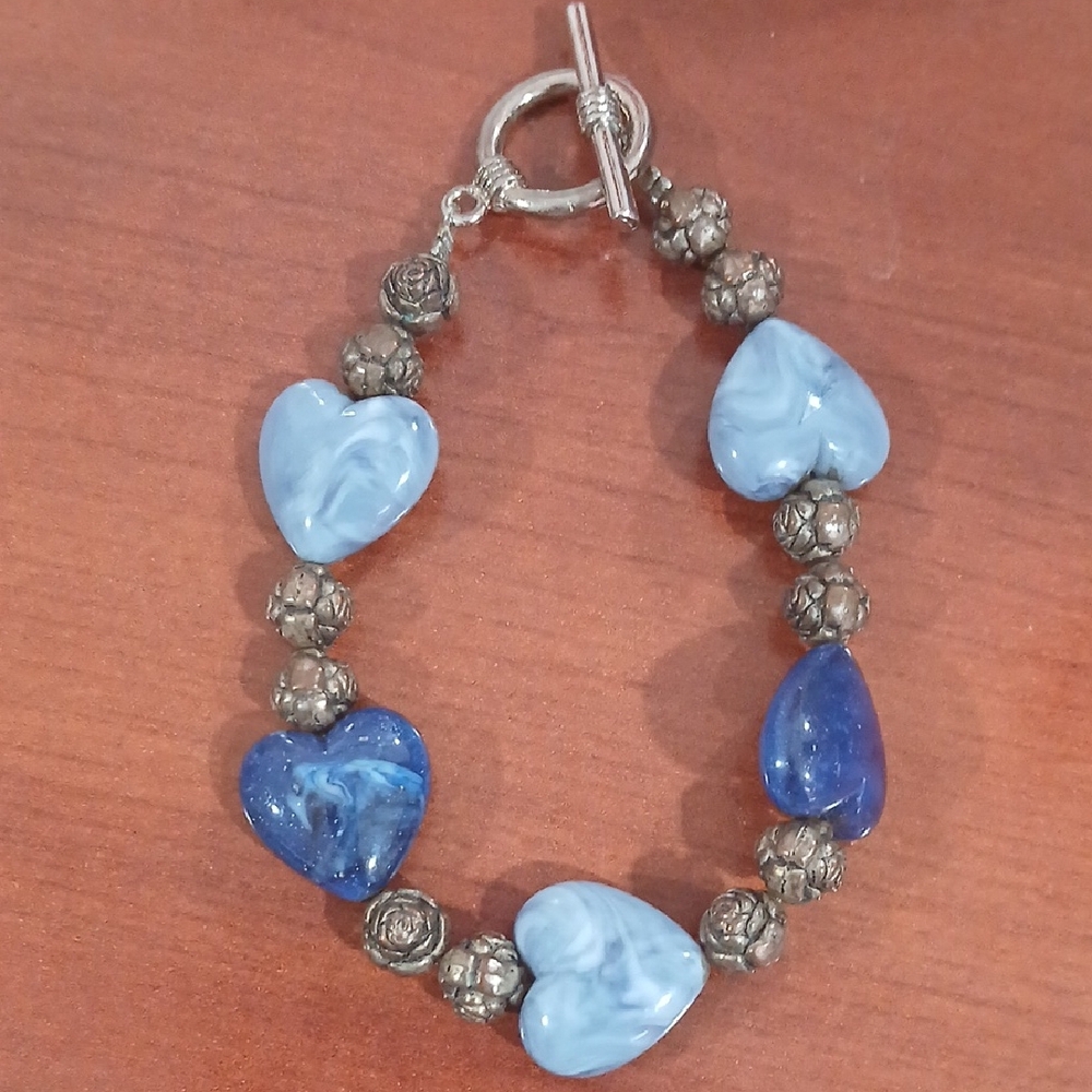 Handcrafted Blue Heart Bead Bracelet - Silver Accent